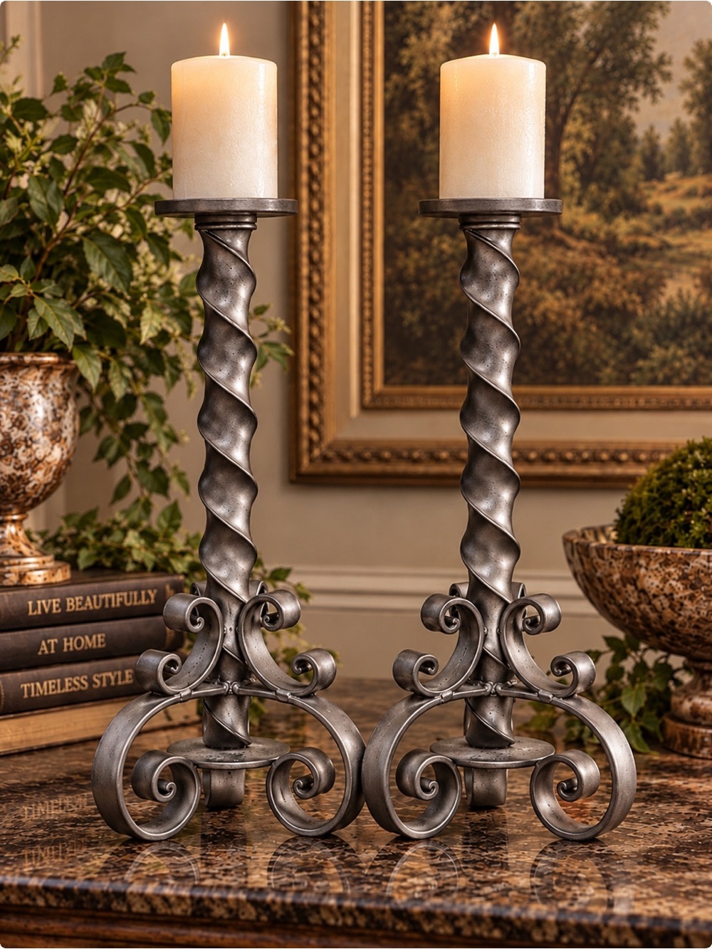 Vintage Pewter Wrought-Iron Pricket Candlesticks 18.5 “ Tall 4 & 1/2lb ea